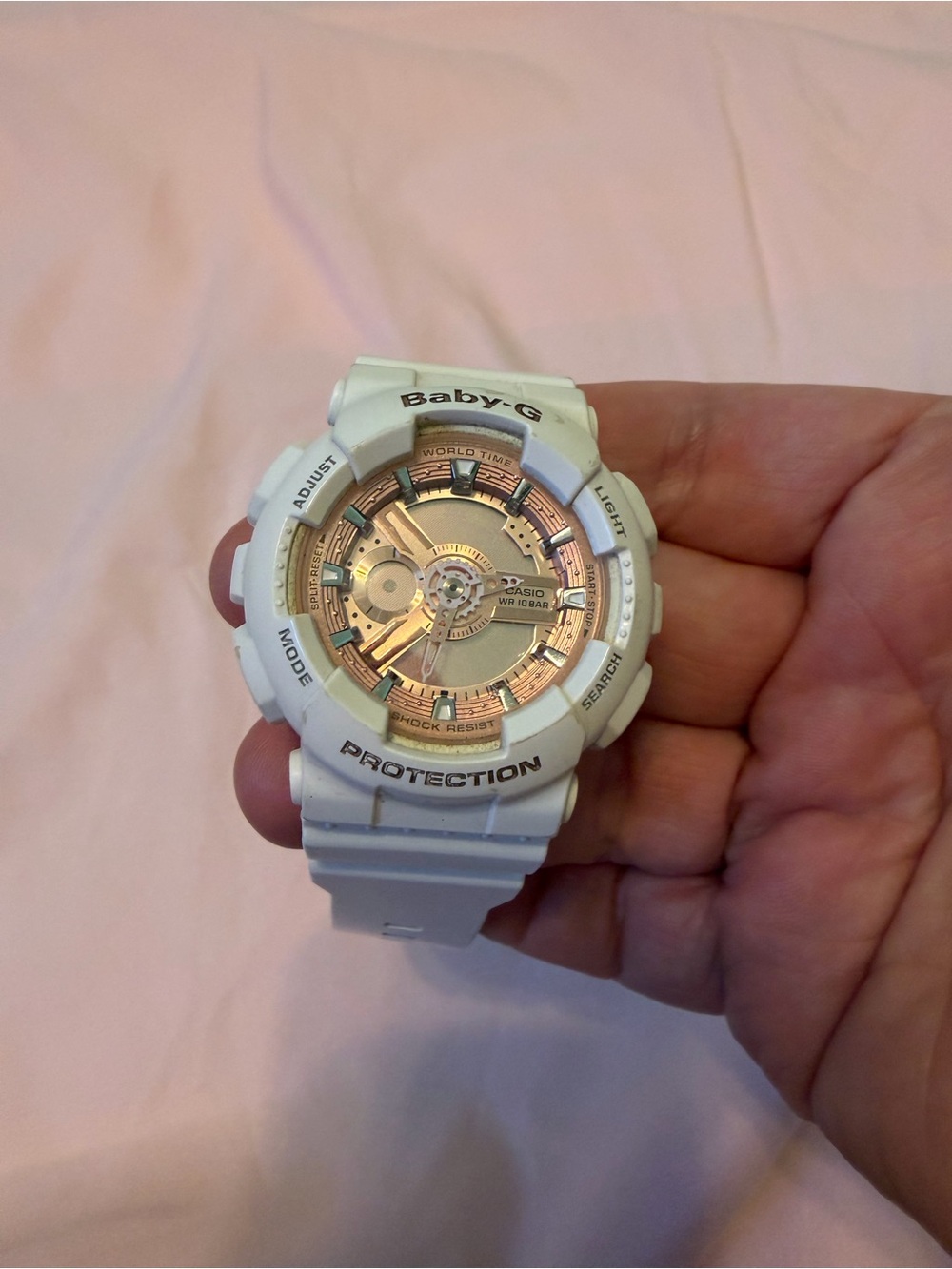 Casio Baby-G BA-110 Analog-Digital Watch in white with a rose gold metallic face